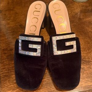 Gucci Black Velvet Mules with Crystal Embellishment